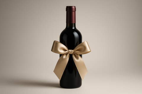 a bottle of wine with a ribbon