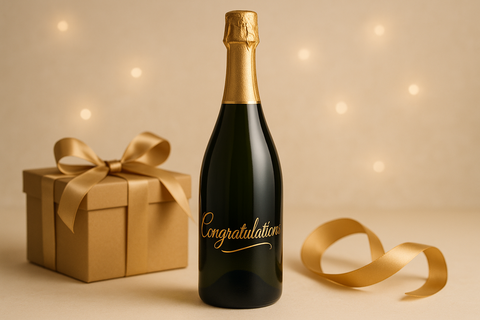 Please create an image for gift (bottle of wine or champagne) with an engraving message on the bottle saying congratulations but not too dark and gift themed